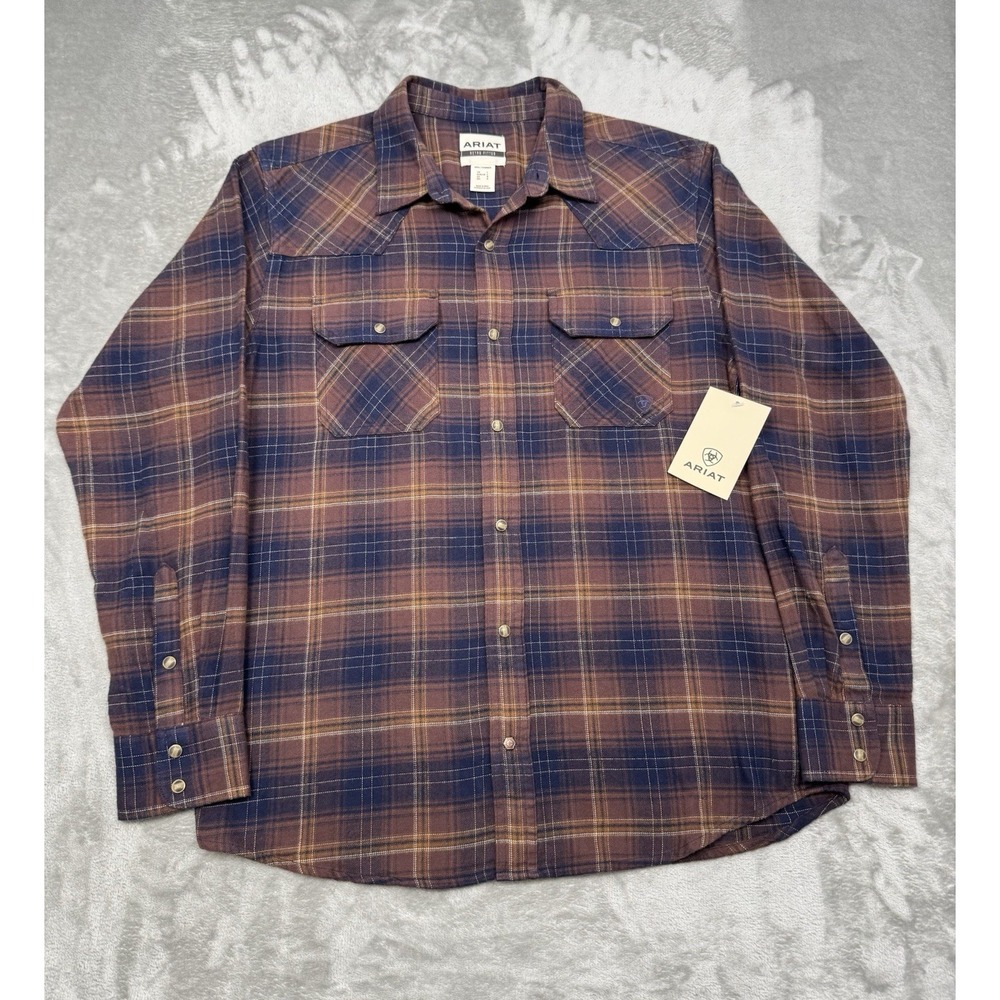 Ariat Pearl Snap Shirt Mens Large Harleigh Retro Long Sleeve Flannel Brown NWT